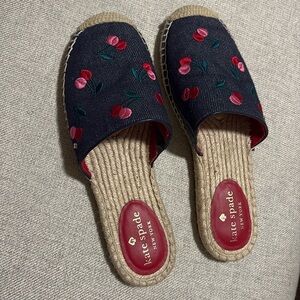 Kate Spade Rosie 2 Cherry Denim Embroidered Espadrille Slides Flat Mules Size 7